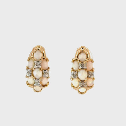 Vintage Opal Diamond Half Hoop Earrings 14K Gold