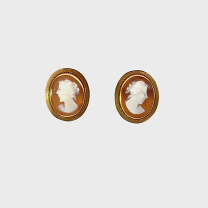 Vintage 14K Oval Cameo Earrings with Rope Border