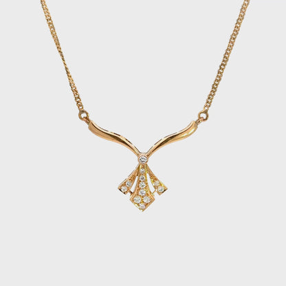 14K Yellow Gold Diamond Necklace with Fan Style Diamond Drop