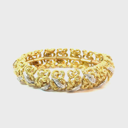 Luxurious Mid-Century 18K Gold Bracelet with White-Gold Diamond Ribbon Accents