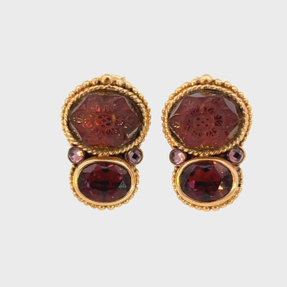 Stephen Dweck 18K Rose Gold Carved Tourmaline & Garnet Earrings