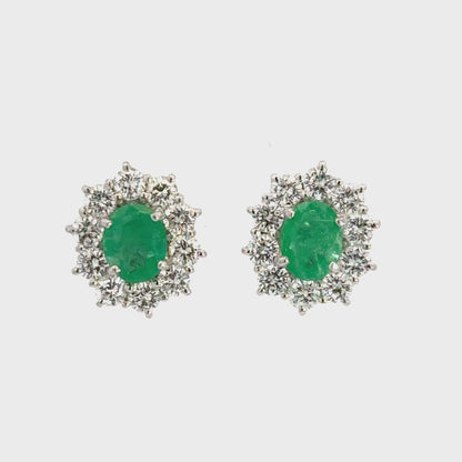 18K White Gold Emerald and Diamond Halo Stud Earrings