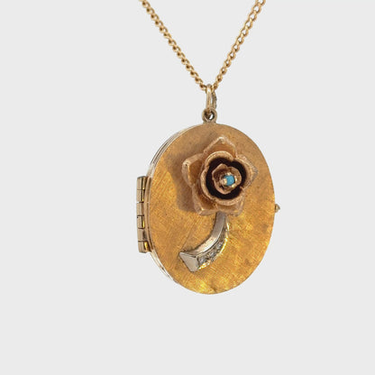 14K Yellow Gold Rose Locket Pendant with Turquoise & Diamond Accent