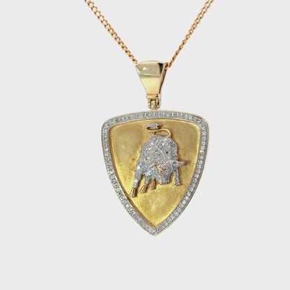 Yellow Gold Diamond Charging Bull Shield Pendant Large Bail
