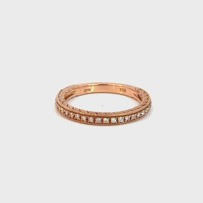 14K Rose Gold Diamond Band with Engraved Leaf Detail