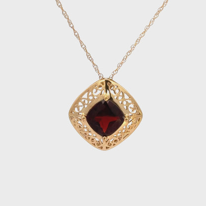 14K Yellow Gold Garnet Cushion Cut Pendant with Gold Filigree Frame