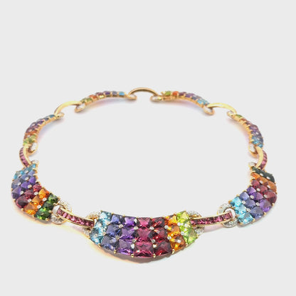Luxury 18K Gold Rainbow Gemstone Necklace with Diamonds – 70CT Natural Stones, 16”