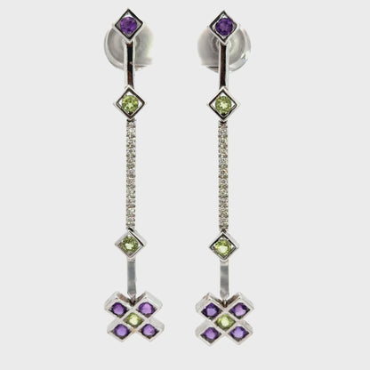 18K White Gold Amethyst, Peridot & Diamond Long Drop Earrings