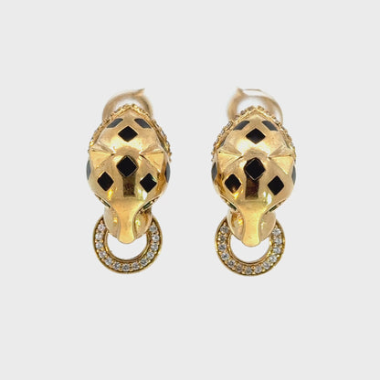 18K Yellow Gold Emerald, Onyx & Diamond Panther Earrings