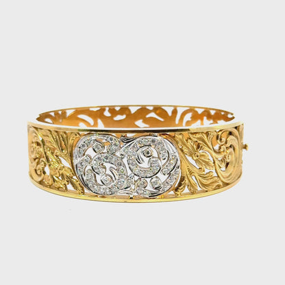 Luxury 18K Yellow & White Gold Diamond Scrollwork Bangle