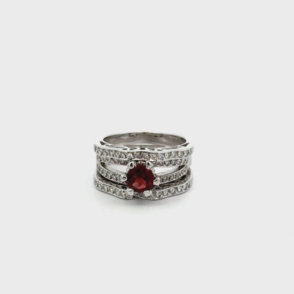 18K White Gold Garnet & Diamond Multi-Band Statement Ring