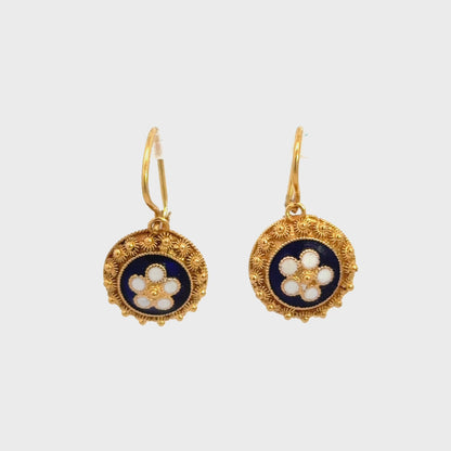 Vintage 18K Yellow Gold Navy & White Enamel Floral Drop Earrings