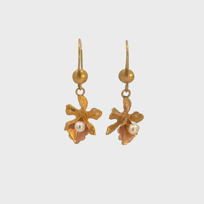 Yellow Gold Flower & Pearl Drop Earrings