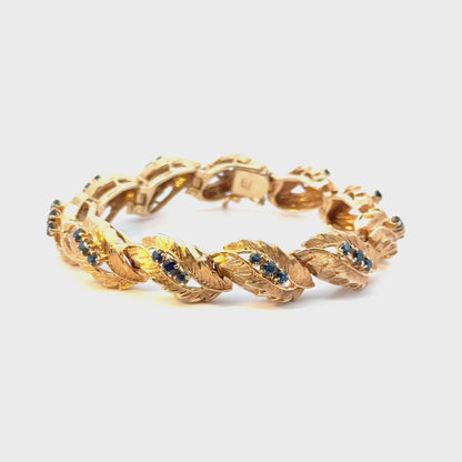 Mid-Century Textured Leaf Bracelet, 14K Gold & Sapphires