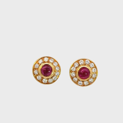 Vintage 18K Gold Cabochon Ruby & Diamond Halo Earrings