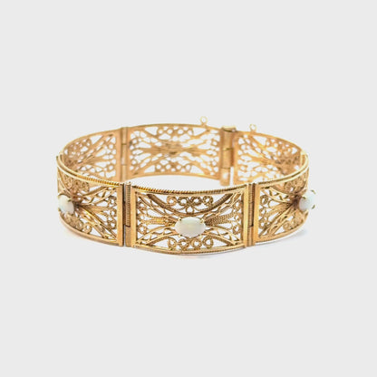 1960’s 14K Yellow Gold Filigree Opal Panel Bracelet