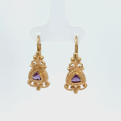 14K Yellow Gold Trillion-Cut Amethyst Ornate Drop Earrings