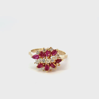 14K Yellow Gold Ruby & Diamond Floral Cluster Ring