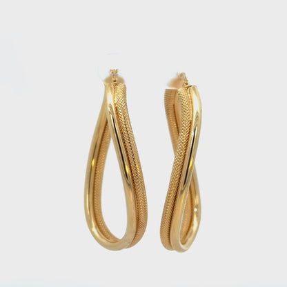 MILOR 14K Yellow Gold Polished & Textured Hoop Earrings — Made in Italy
