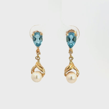 14K Yellow Gold Blue Topaz & Pearl Drop Earrings