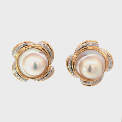 14K Two-Tone Glamorous Mother of Pearl Flower Motif French-Clip Earrings
