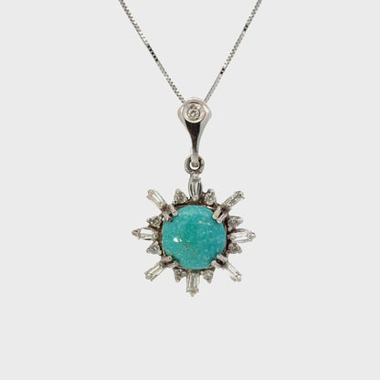 Turquoise & Diamond Sunburst Pendant in 14K White Gold