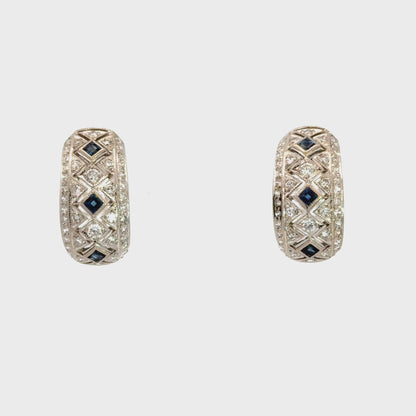 Diamond and Sapphire Hoop Earrings 14K White Gold French Clip