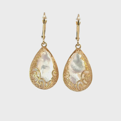 14K Yellow Gold Mother-of-Pearl Filigree Teardrop Earrings
