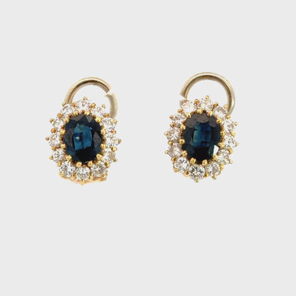 Oval Blue Sapphire & Diamond Earrings – 18K Two Tone Gold