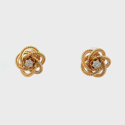 Vintage 14K Yellow Gold Diamond Spiral Flower Earrings