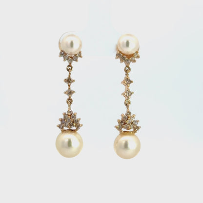 14K Gold Diamond Cluster & Pearl Drop Earrings