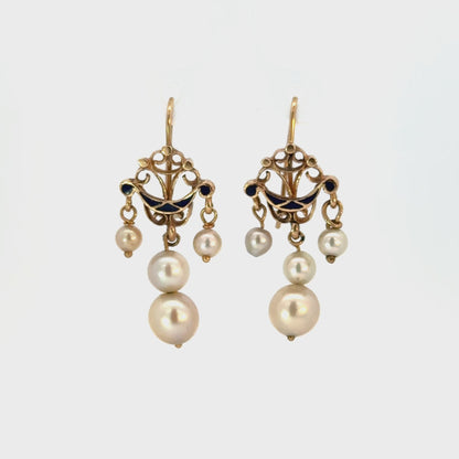 Antique 14K Yellow Gold Dark Blue Enamel & Pearl Drop Earrings
