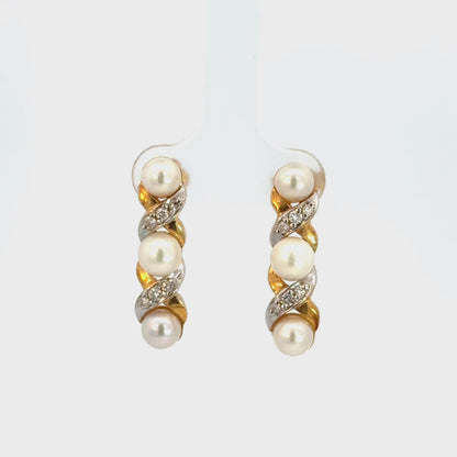 14K Two-Tone Gold Pearl & Diamond Drop Earrings