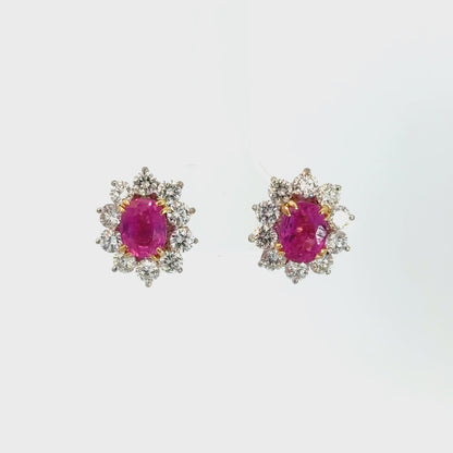 Bright Pink Ruby Diamond Halo Stud Earrings in 18K Two-Tone Gold