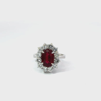 Elegant 18K White Gold Oval Ruby Ring with Diamond Halo