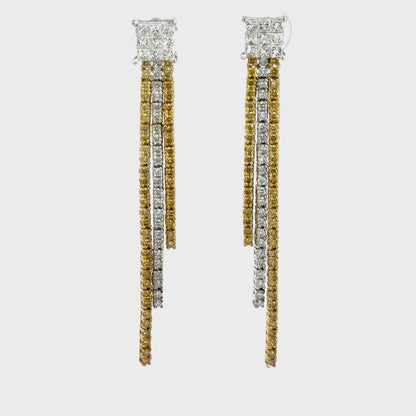 14K White Gold White & Yellow Diamond Long Drop Fringe Earrings