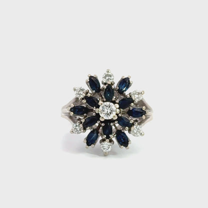14K White Gold Sapphire Starburst Diamond Ring Vintage Estate