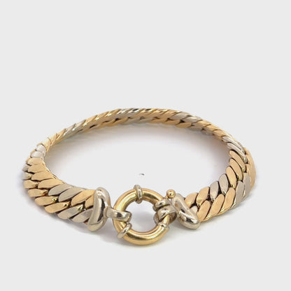 Vintage 1980’s 18K Two-Tone Gold Woven Link Bracelet with Decorative Spring Ring Clasp