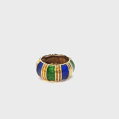 Vintage 14K Yellow Gold Green & Blue Striped Enamel Ring