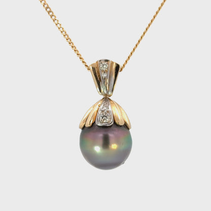 Large Tahitian Pearl Pendant 14K Yellow & White Gold Diamond Accent