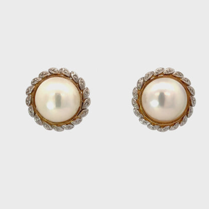 14K Yellow Gold Mother of Pearl & Diamond Earrings White Gold Leaf Halo