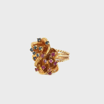 1960’s     Vintage 14K Gold Ruby & Sapphire Double Bloom Ring