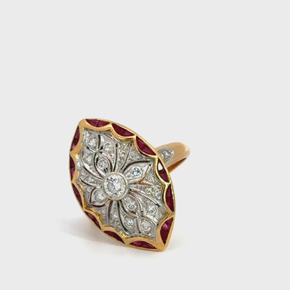 Vintage Art Deco–Style 14K Yellow Gold Ruby & Diamond Navette Ring