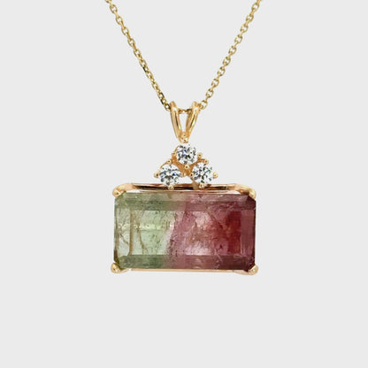 14K Gold Natural Bi-Color Tourmaline Pendant with Diamond Accent