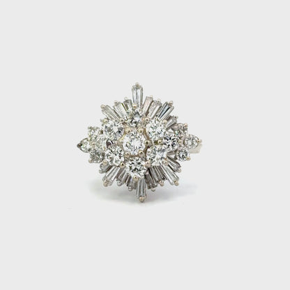 Vintage 14K White Gold Diamond Statement Ring Round & Baguette Diamonds