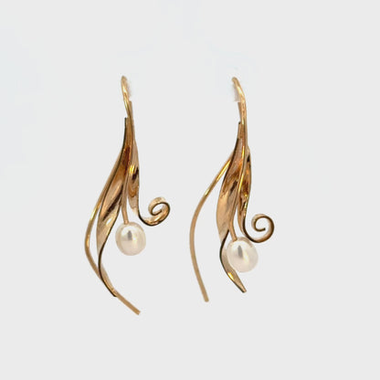 14K Yellow Gold Cultured Pearl Sculptural Leaf Drop Earrings