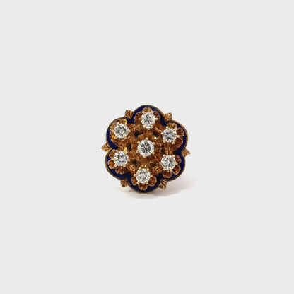 Striking Antique Diamonds, Blue Enamel & Yellow Gold Flower Design Ring