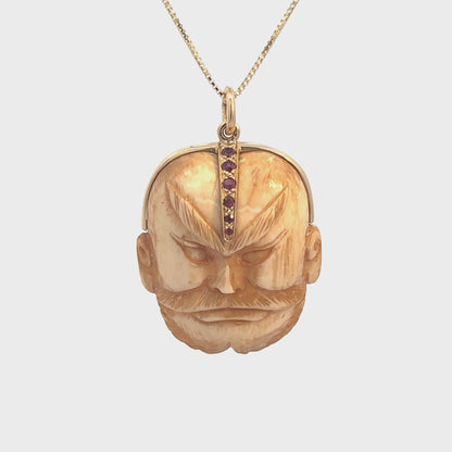 Carved Ivory Warrior Mask Pendant in 14K Gold with Rubies