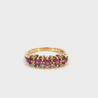Vintage 14K Yellow Gold Ruby & Diamond Five-Stone Gold Ring