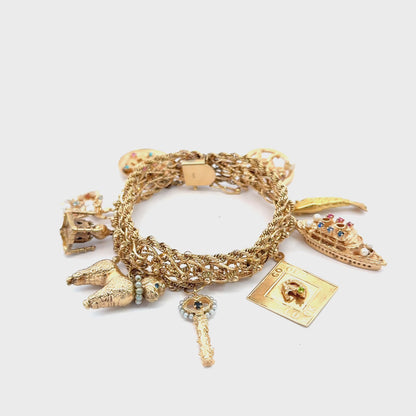 Vintage 14K Yellow Gold Story Charm Bracelet with Nine Gemstone & Pearl Charms